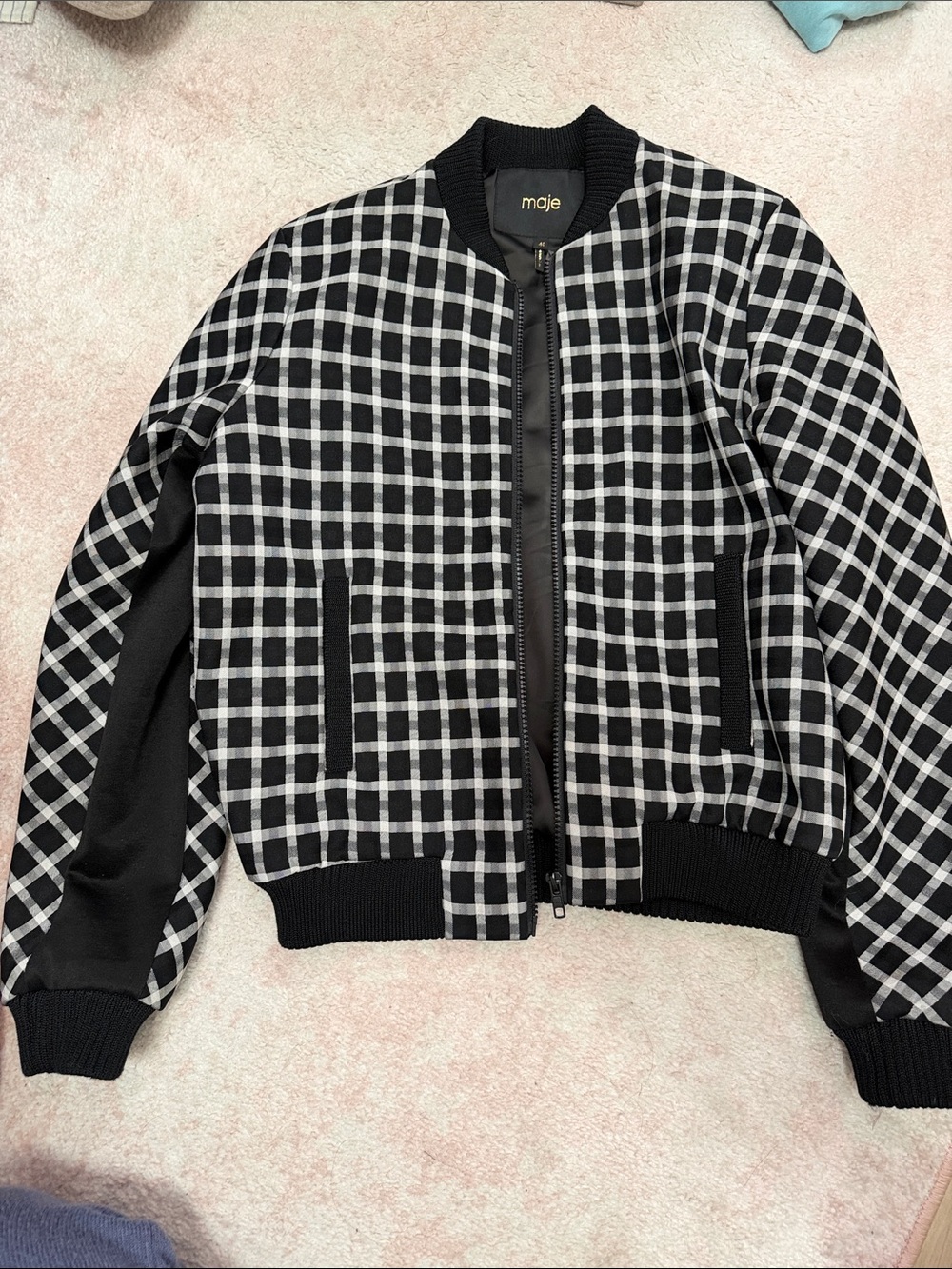 Maje Black & White Windowpane Bomber Jacket